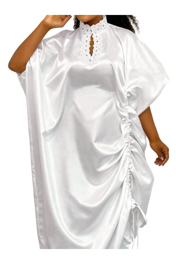 Elegant Mint Green V-Neck Lantern Sleeve African Kaftan Maxi Dress for Women White One Size