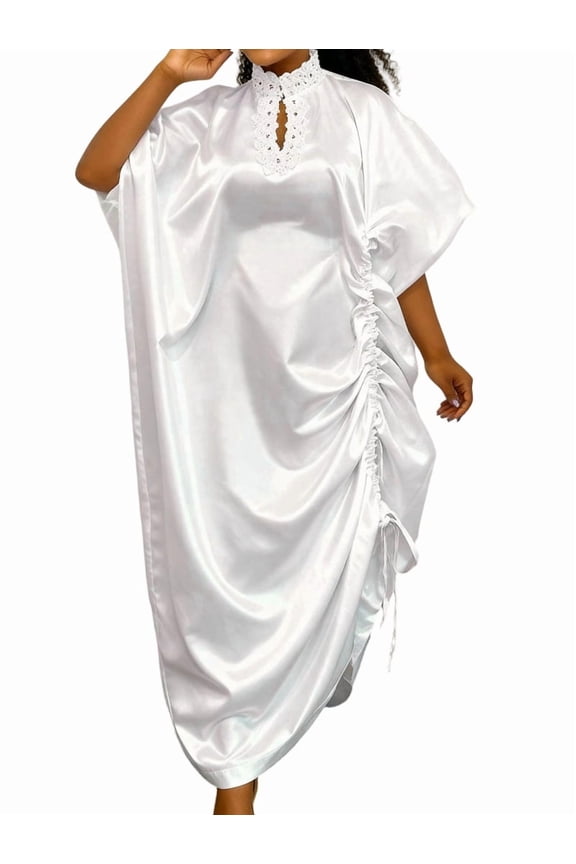 Elegant Mint Green V-Neck Lantern Sleeve African Kaftan Maxi Dress for Women White One Size