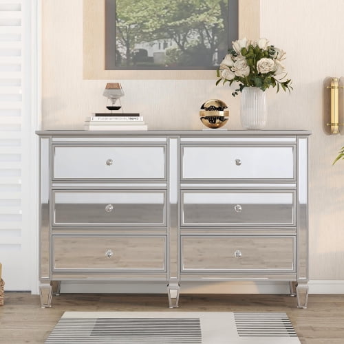Elegant 6-Drawer Mirrored Dresser, Silver Finished 56.1''L x 18.1'' W x ...