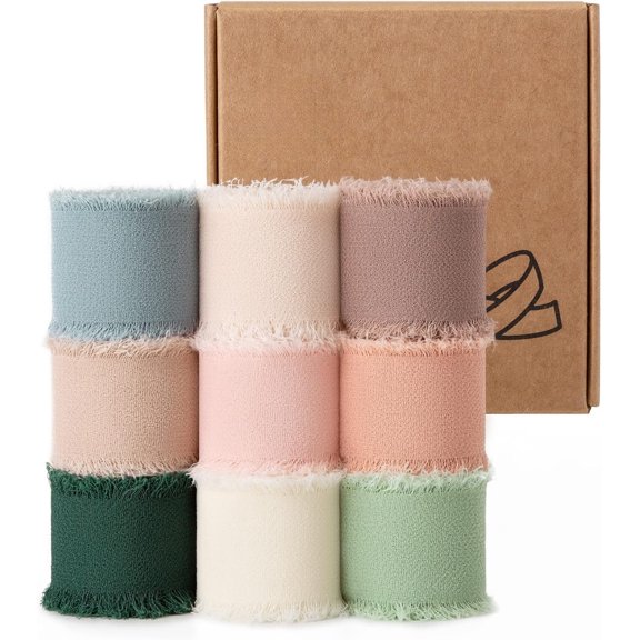 Elegant Mixed Color Chiffon Silk Ribbon 9 Rolls, 1" x 27 Yd Fringe Fabric Ribbons, Perfect for Wedding Invitations, Bridal Bouquets & Party Decoration