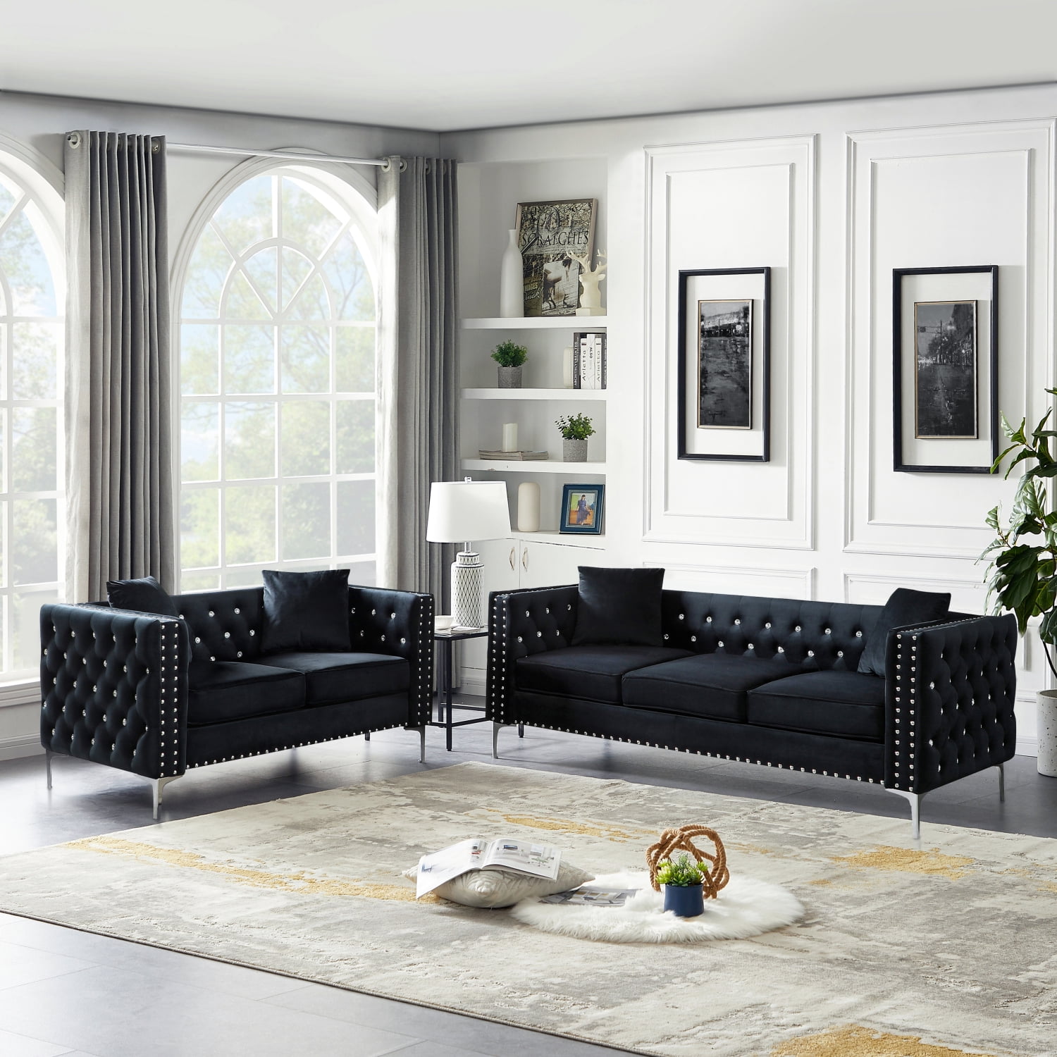 Elegant Modern Black Velvet Living Room Set with Stylish Copper Nails ...