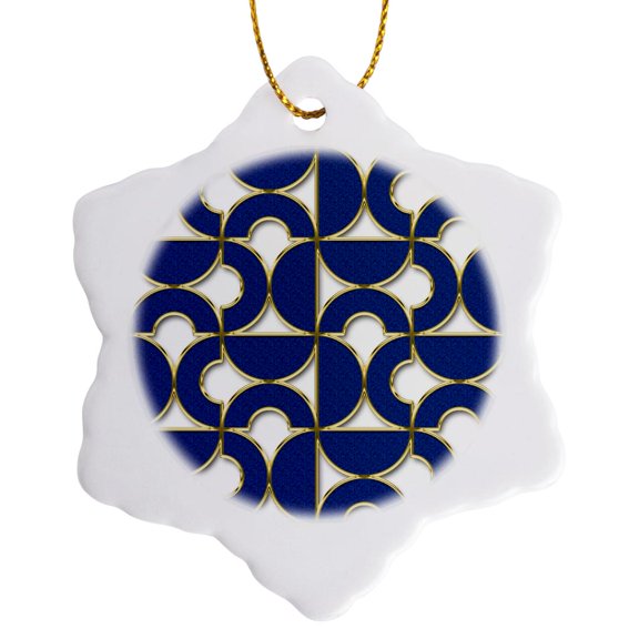 3drose, Elegant Modern Blue and Image of Gold Half Circle Geometric Pattern, 3 inch Snowflake Porcelain Ornament