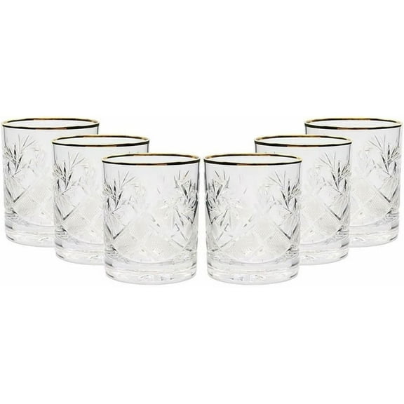 Elegant and Modern Decorative Design Whiskey Glassware Set with Gold Rims for Parties, Events, Weddings, Birthday Programs, and Home Bar - 11 oz Glasses, Set of 6