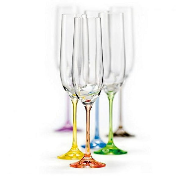 Elegant and Modern Decorative Engraved Viola Rainbow Design Champagne Flute Glass Set for Parties, Events, Wedding, Birthday Programs, and Home Bar - 60 oz Glasses, Set of 6, Assorted Colors