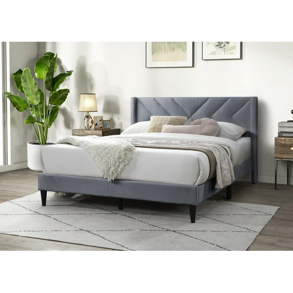 Elegant Modern Gray Velvet Upholstered Queen Size Bed Clean Lines Design Headboard 1pc B