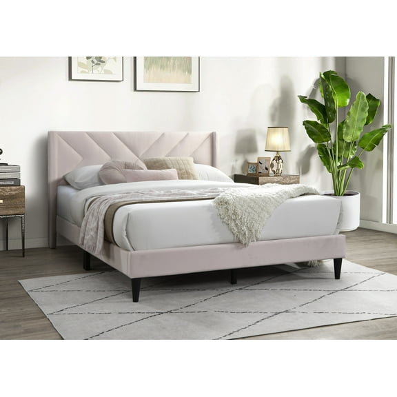 Elegant Modern Light Pink Velvet Upholstered Queen Size Bed Clean Lines Design Headboard