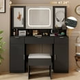 thumbnail image 1 of Elegant Modern Vanity Table Set with LED Mirror, 3 Lighting Modes, 5 Hooks, USB Ports, Cushioned Stool Storage Shelves and Cabinets Black, 1 of 12