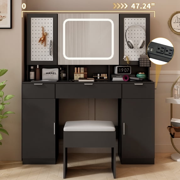 Elegant Modern Vanity Table Set with LED Mirror, 3 Lighting Modes, 5 Hooks, USB Ports, Cushioned Stool Storage Shelves and Cabinets Black