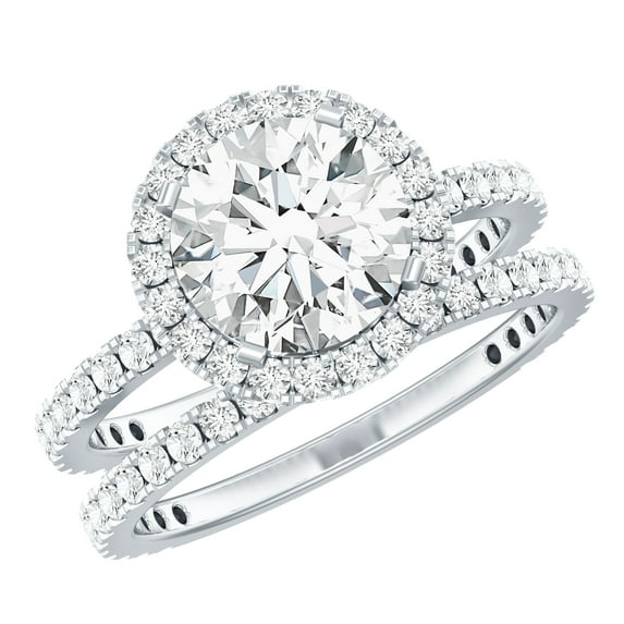 Rosec Jewels Elegant Moissanite Floating Halo Wedding Ring Set (8 mm round, 2 ct, D-VS1 Grade), 14K White Gold, US 4.00