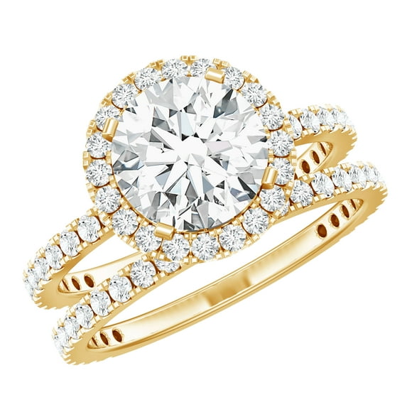 Rosec Jewels Elegant Moissanite Floating Halo Wedding Ring Set (8 mm round, 2 ct, D-VS1 Grade), 14K Yellow Gold, US 5.00