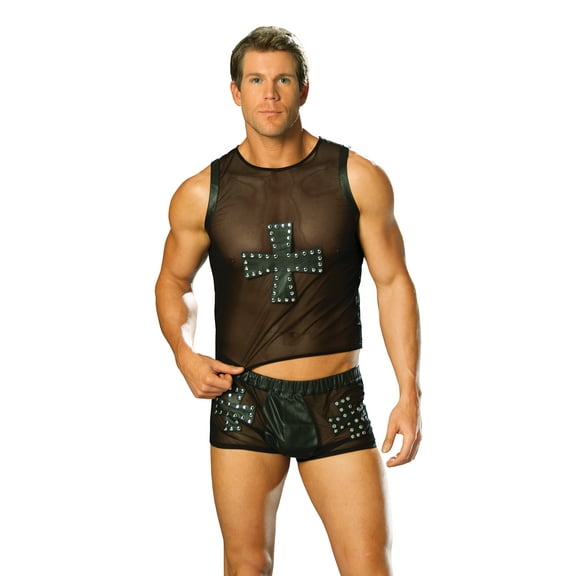 Elegant Moments EM-L9285 Mens Leather and mesh shorts with cross, nail head detail Black / XL