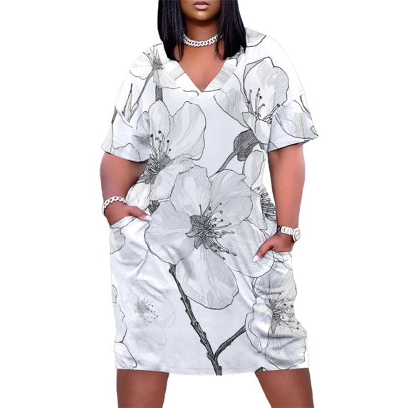 Elegant Monochrome Cherry Blossom Pattern Women's Summer Short Sleeve Casual Dresses Party Dress