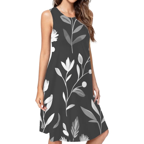 Elegant Monochrome Floral Pattern Spring Summer Dresses For Women Fashion Dress Casual Sleeveless Loose Sundress With Pockets