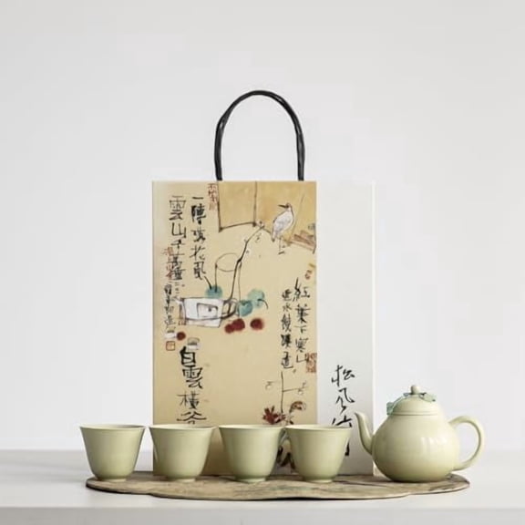 Elegant Morandi Green Kungfu Tea Set, One Mini Teapot and Four Teacups, Cute Lid Handle, Asian Tea Set for Adults, Tea Gifts$$Home Decor, Kitchen, & Other