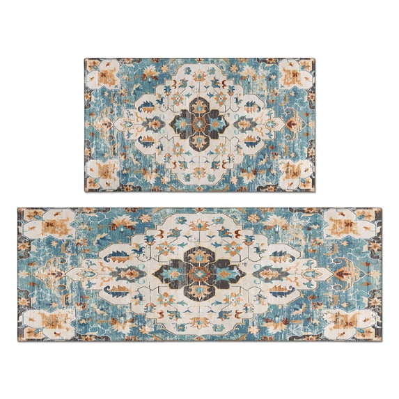 Elegant Moroccan Trellis Non-Slip Kitchen Rugs - Washable Kitchen Mat & Stylish Floral Design Kitchen Rugs - Set of 2 for Dining Room, Bathroom