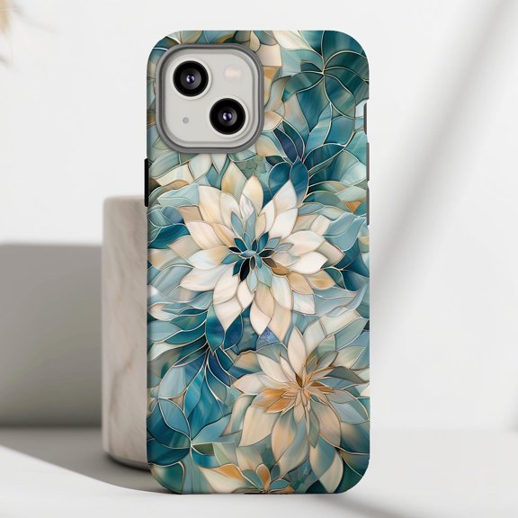 Elegant Mosaic Floral 3D Teal Beige Tile Phone Case with iPhone 17 to 11 Pro Max