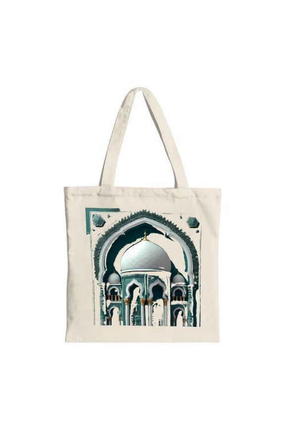 Elegant Mosque Design Tote Bag - Canvas Reusable Multifunctional for Shopping & Travel Featuring Intricate Arches & Domes