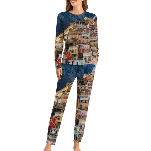 Elegant Mountains Pajamas Daily Sunset Print Casual Oversized Sleepwear Women Long Sleeve Pattern Retro Pajama Sets