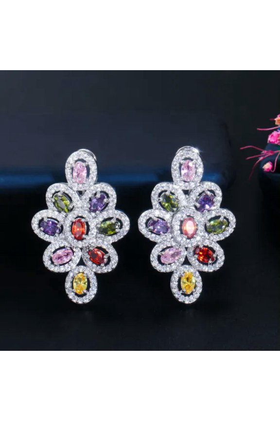 Elegant Multicolor Oval Shape CZ Crystal Long Dangle Drop Wedding Party Earrings