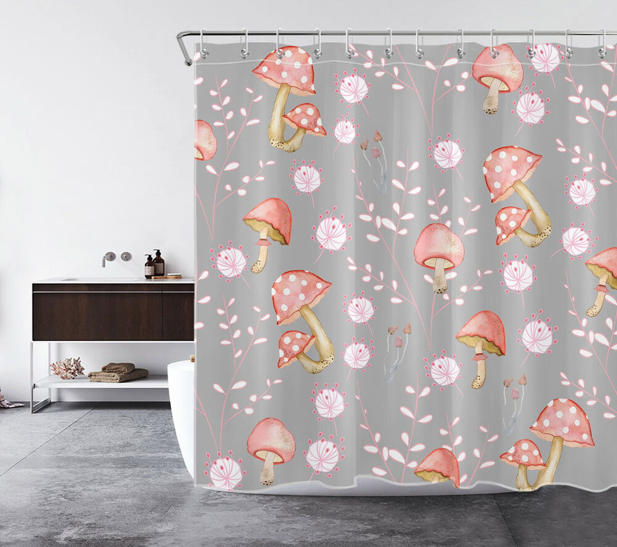 Elegant Mushroom and Floral Shower Curtain Botanical Blush Design for a Stylish Bathroom Décor
