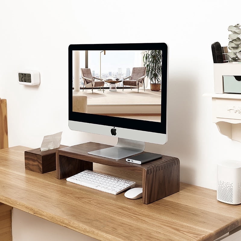 Elegant Natural Walnut Wood Computer Rack with Adjustable TV Base ...
