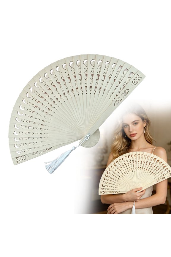 Elegant Natural Wood Folding Hand Fan Intricate Hollow Cut Design with Tassel and Protective Bag Portable Handheld Fan for Bridal Showers Tea Party Home Decoration
