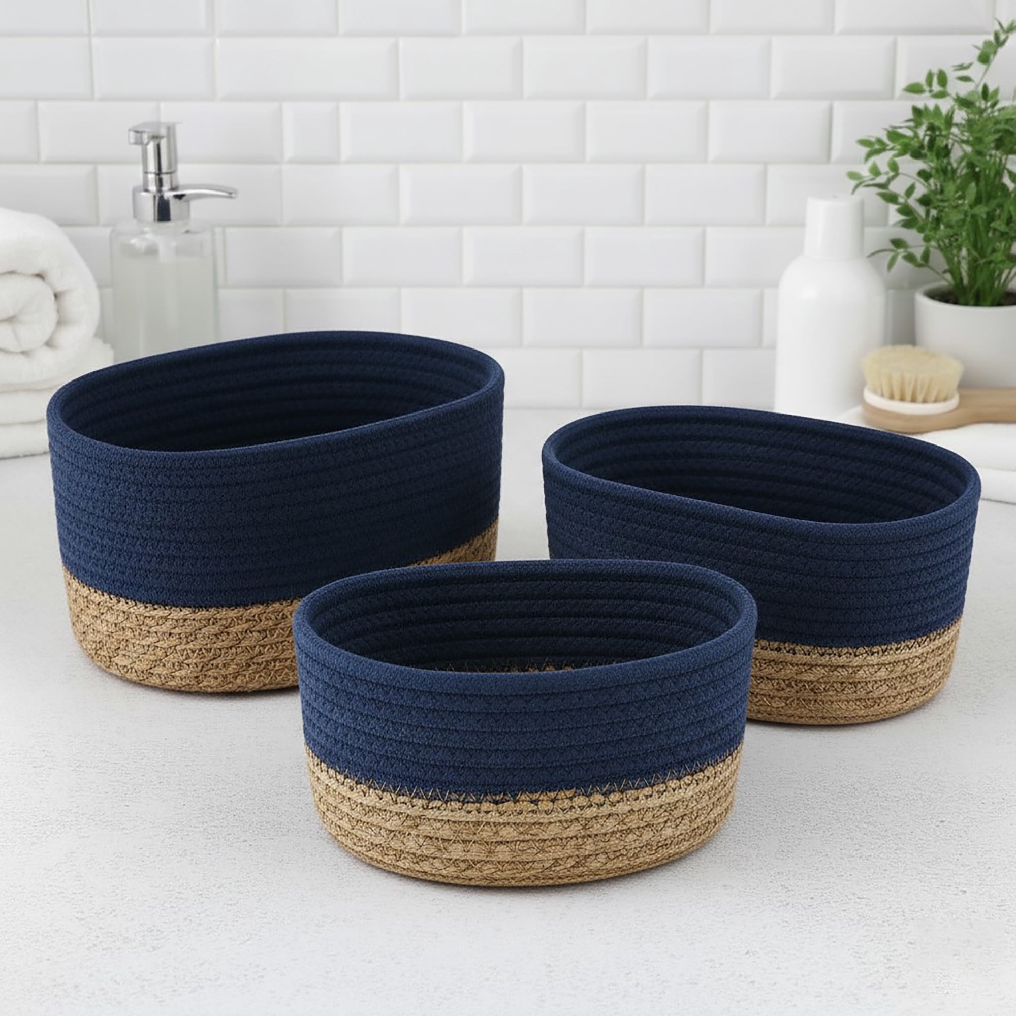 Elegant Navy Blue Cotton Storage Baskets Organizer Padang Bins ...