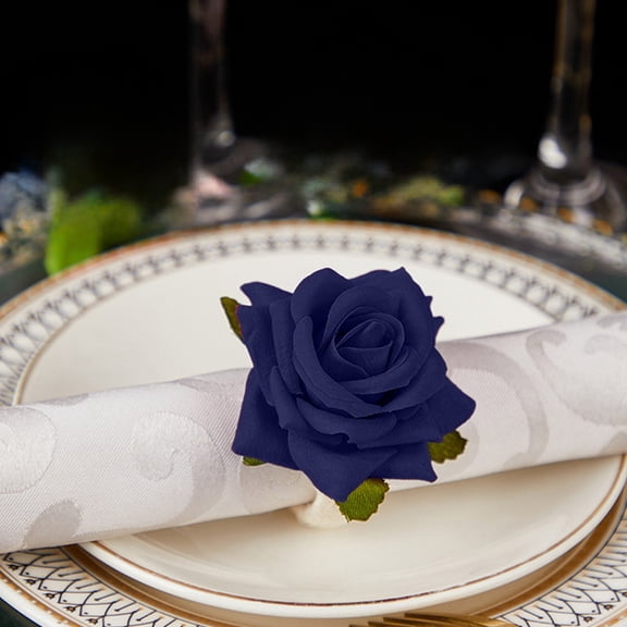 Elegant Navy Blue Fabric Rose Napkin Ring Clasp Set for Wedding, Date Night, and Formal Table Setting Decor