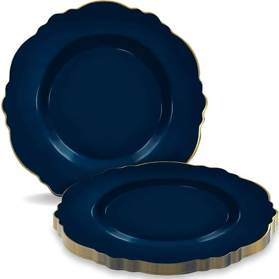 Elegant Navy Blue with Gold Rim AFN1Round Blossom Disposable Plastic Dinner Plates - 10.25" - Perfect for Weddings, Parties & Events - Pack of 10