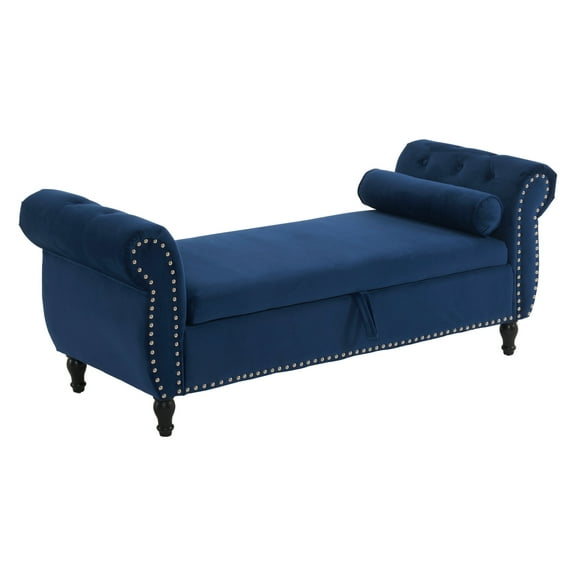 Navy Blue Velvet Storage Ottoman with Nailhead Trim and Pillow