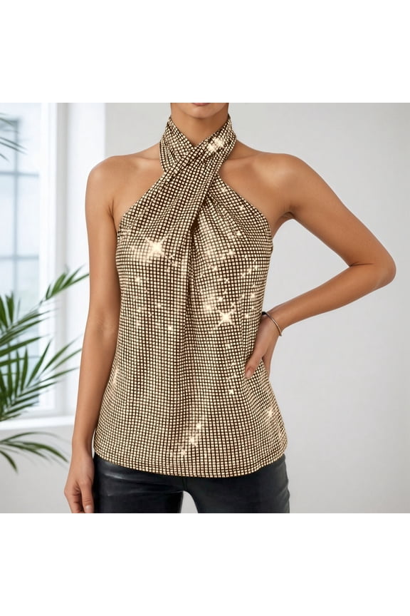 Elegant Neck Camisole Top for Everyday Casual Wear Sleeveless Knit Lace Detail Tennis Blouse Ideal for Spring Fall Gold XS