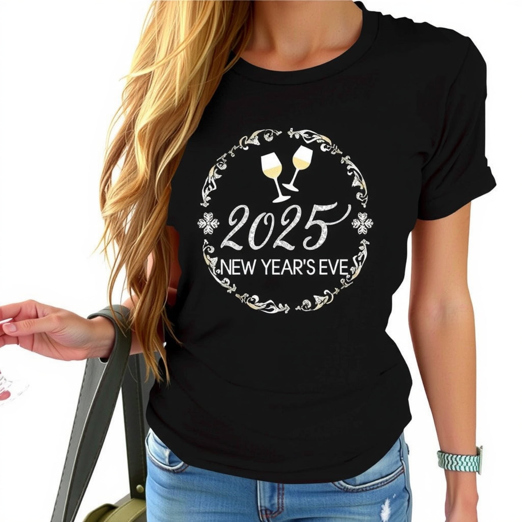 Elegant New Year's Eve 2025 Black TShirt with Sparkling Design