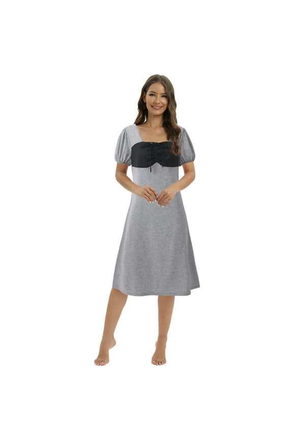 Elegant Nightgowns for Women Short Sleeve Square Neck Front Splicing Drawstring Nightshirt Ladies Soft Sweet Sleepwear Pajamas Dress, S-2XL