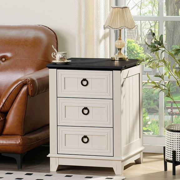 Elegant Nightstand, Rustic End Table with 3 Drawers Farmhouse Side Table with 3-tier Storage for Bedroom Living Room, White