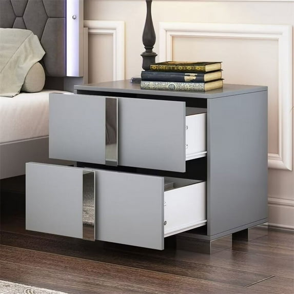 Elegant Nightstand with Metal Handle, Mirrored Bedside Table with 2 Drawers for Bedroom, Living Room, Easy Assembly, Grey
