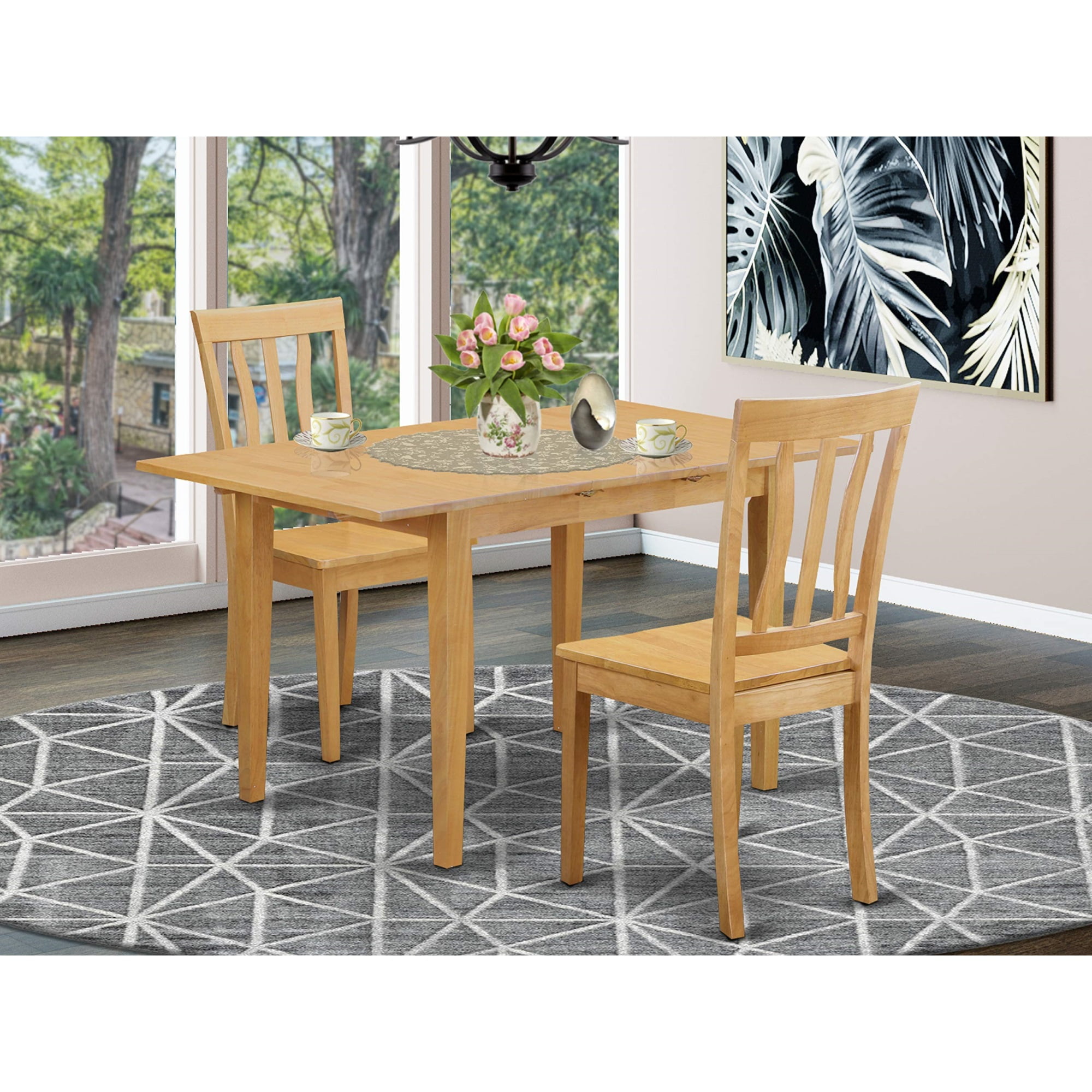 Oak Finish 3-Piece Rectangular Dining Set with Slatted-Back Chairs