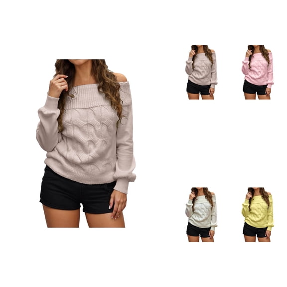 Elegant Off-Shoulder Long Sleeve Ribbed Knit Pullover Sweater for Women – Fashion-Forward Fall Going-Out Top