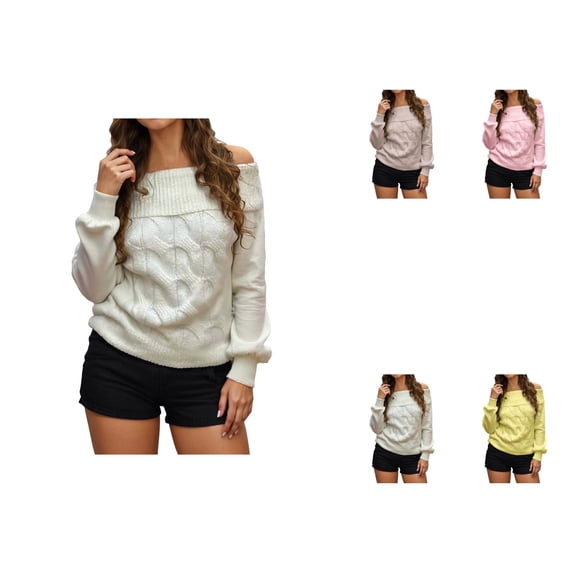 Elegant Off-Shoulder Long Sleeve Ribbed Knit Pullover Sweater for Women – Fashion-Forward Fall Going-Out Top