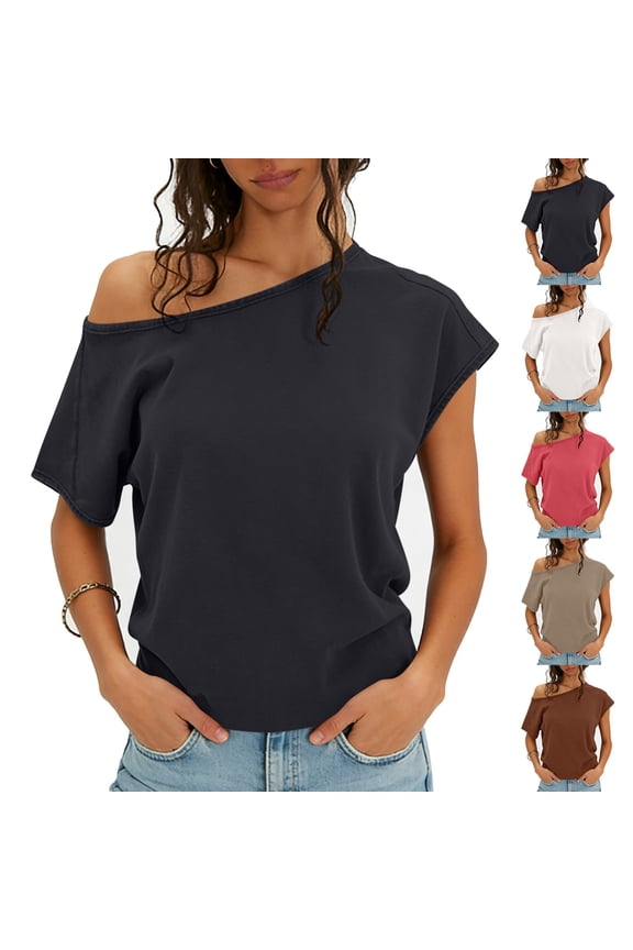 Elegant Off-Shoulder Loose T-Shirt Women’s Short Sleeve Asymmetric Neck Top Casual Slouchy Solid Color Blouse Breathable Summer Tee for Beach Travel