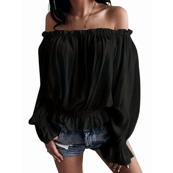 Elegant Off Shoulder Tops for Women Long Sleeve Ruffle Smocked Waist Casual Party Shirts Plus Size Blouses Black XXXL