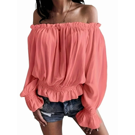 Elegant Off Shoulder Tops for Women Long Sleeve Ruffle Smocked Waist Casual Party Shirts Plus Size Blouses Pink 5XL