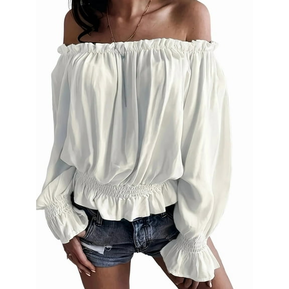 Elegant Off Shoulder Tops for Women Long Sleeve Ruffle Smocked Waist Casual Party Shirts Plus Size Blouses White XXXL