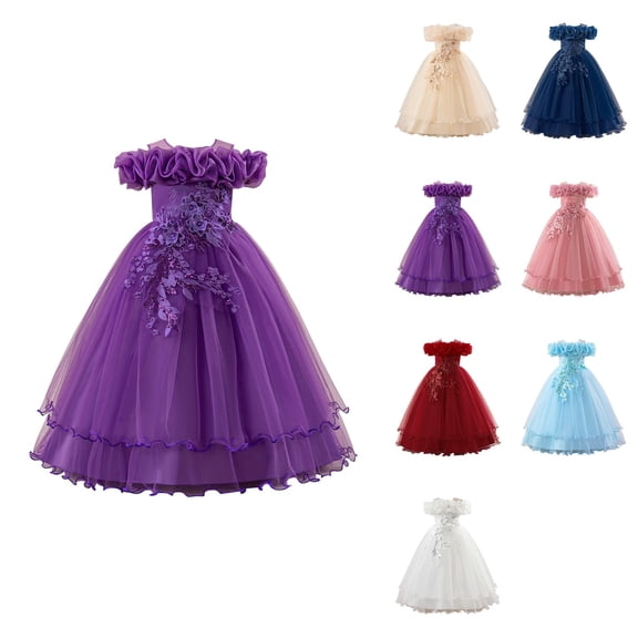 Elegant Off Shoulder Tutu Dress with Floral Appliques, Flower Girl's Embroidery Princess Bridesmaid Wedding Birthday Communion Party Formal Long Prom