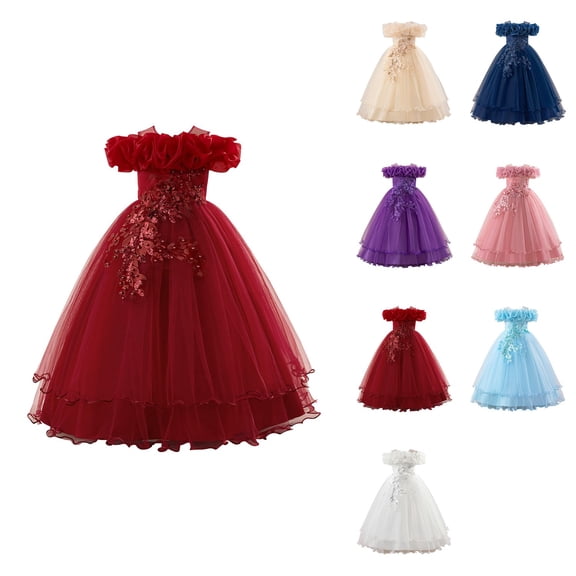 Elegant Off Shoulder Tutu Dress with Floral Appliques, Flower Girl's Embroidery Princess Bridesmaid Wedding Birthday Communion Party Formal Long Prom