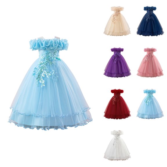 Elegant Off Shoulder Tutu Dress with Floral Appliques, Flower Girl's Embroidery Princess Bridesmaid Wedding Birthday Communion Party Formal Long Prom