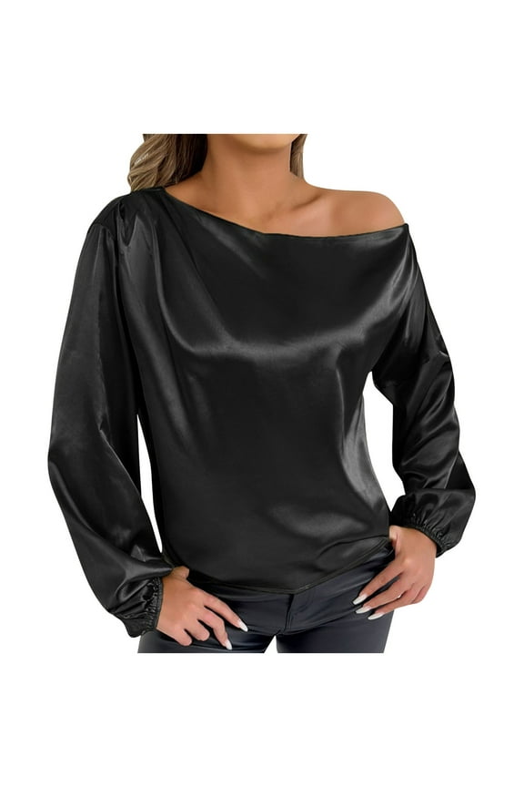 Elegant Off The Shoulder Satin Blouse for Women Casual Drawstring Side Tees Long Sleeve Silk Business Office Shirts