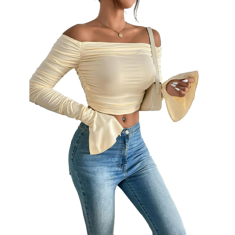 Women Off Shoulder Crop Tops Asymmetrical Neck Long Sleeve Slim