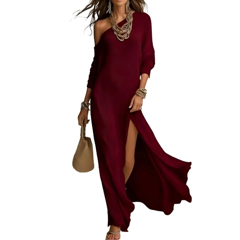 Elegant Off the Shoulder Flowy Maxi Dress for Women Split Hem Loose Long Sleeve Wedding Guests Dresses