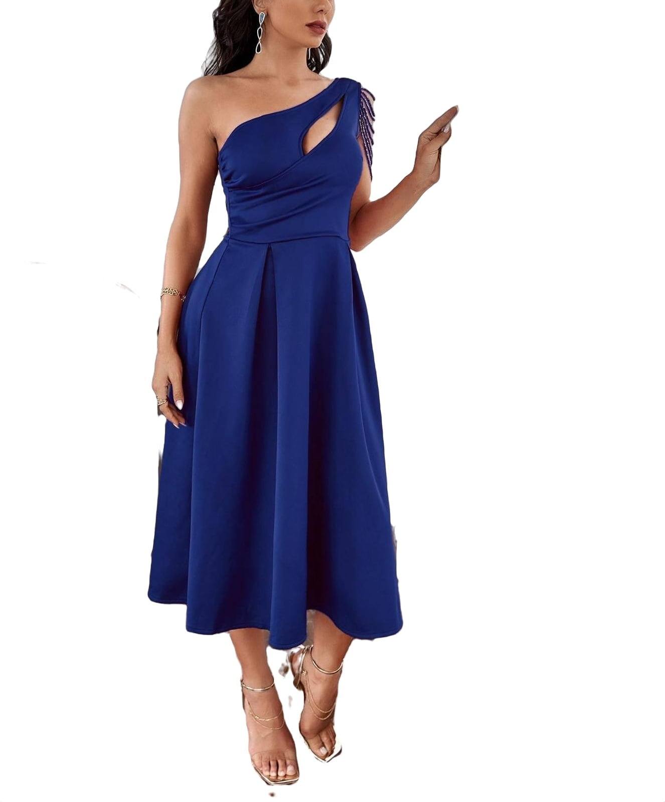 Elegant One Shoulder A Line Dress Sleeveless Navy Blue Women's Dresses ...