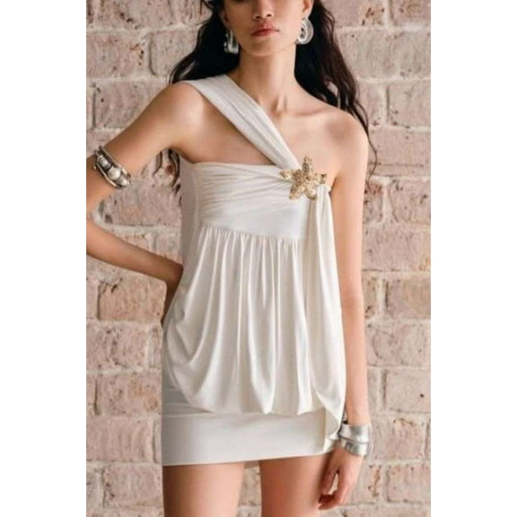 Elegant One-Shoulder Dress with Starfish Brooch Accent (L, White)
